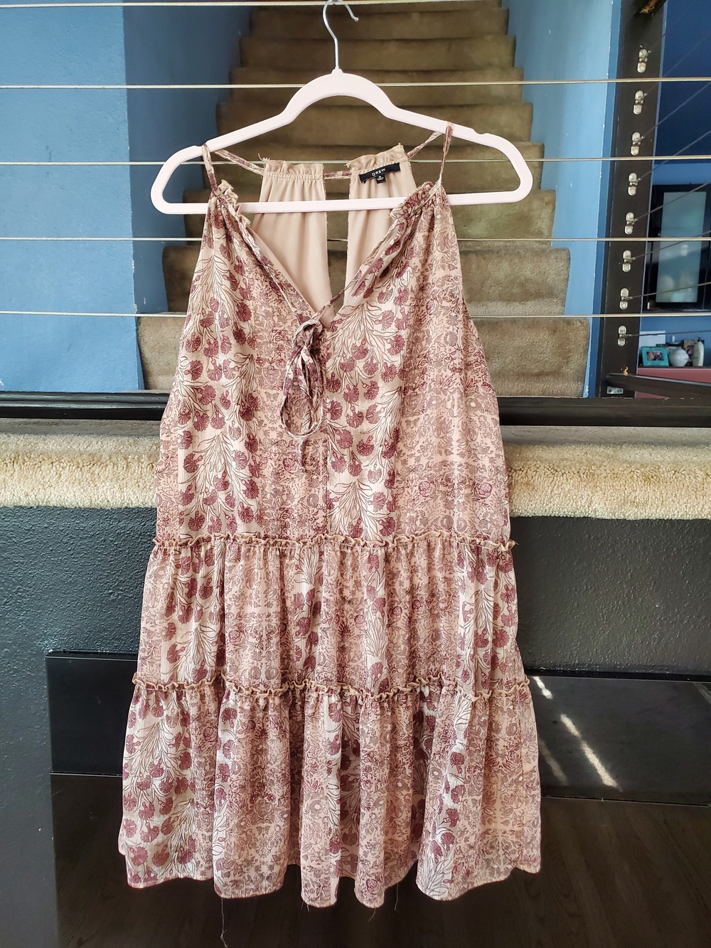 DREW Beige and Mauve Floral Tiered Midi Dress